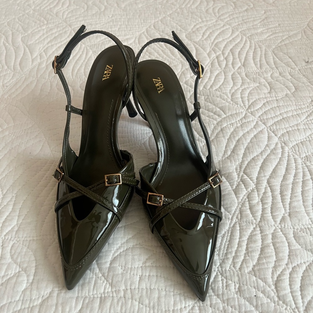 ZARA Olive Patent Pointed Slingback Heels